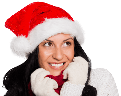 Smiling Woman in Santa Hat Transparent Christmas Cheer