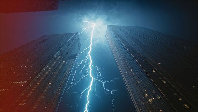 Dramatic Lightning Storm Among Glass Skyscrapers at Dusk