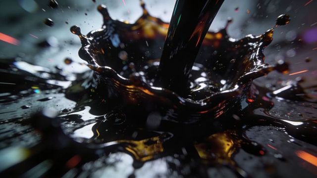 Pouring viscous dark liquid forming crown splash with iridescent teal and orange highlights