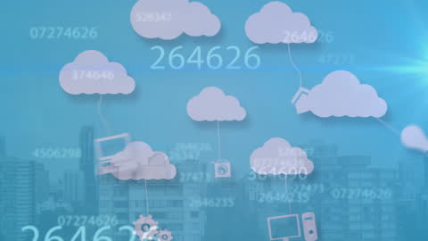 Digital Cloud Technology with Media Icons Over Cityscape