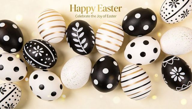 Elegant black white gold easter eggs arranged flatlay with happy easter gold lettering