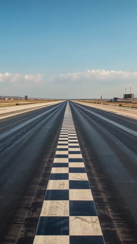 Opening vertical view of empty drag strip start line revealing checkered launch zone and stretching 