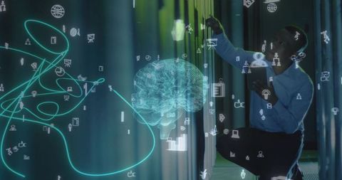 Engineer using holographic 3d brain and ai data visualization in neon teal server room