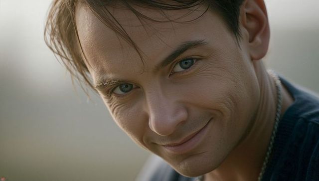 Smiling man making direct eye contact wearing chain necklace and dark top outdoor headshot