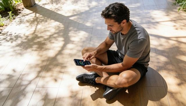 Man checking fitness app on smartphone while sitting on sunny patio with dappled sunlight