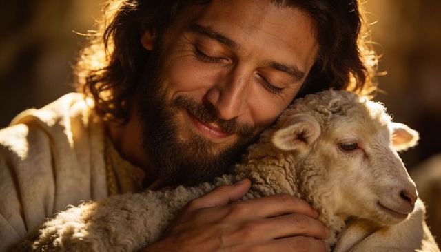 Gentle shepherd cradling lamb in golden light warm embrace rustic portrait