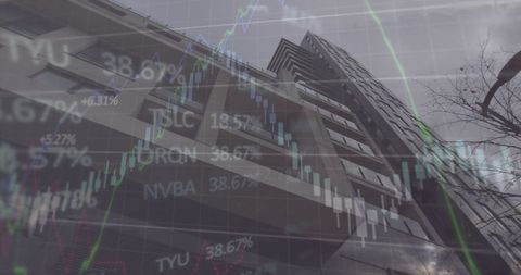 Financial Data and Graphs Overlay on Modern Cityscape