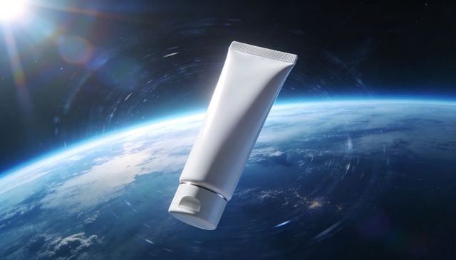 Floating skincare tube in low earth orbit with sun flare, cloudscape and star streaks