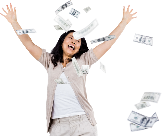 Smiling Woman Throwing Transparent Dollars Around Celebrating Winnings - Download Free Stock Videos Pikwizard.com