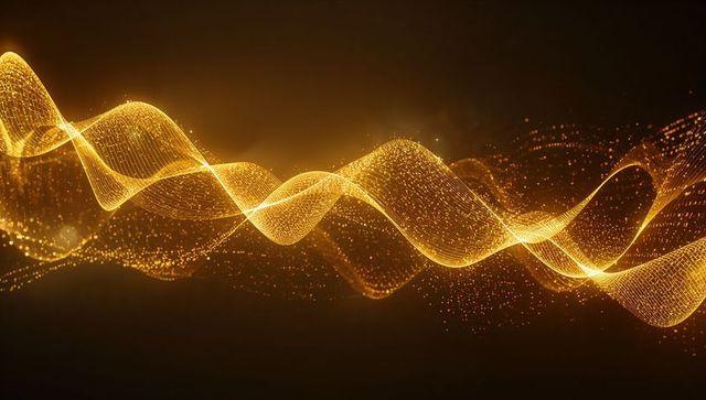 Golden energy waveform ribbon flowing with sparkling particles for futuristic technology