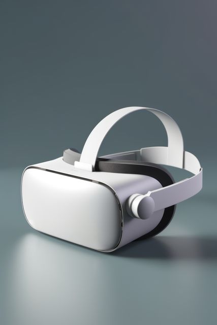 White vr headset on grey background with copy space, created using generative ai technology. Virtual reality and digital interface technology concept digitally generated image.