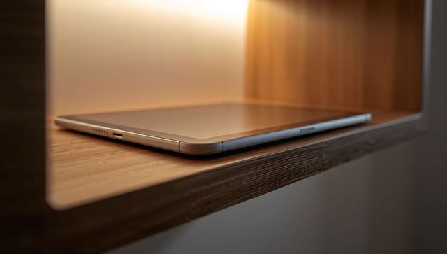 Slim silver laptop on recessed wooden shelf with warm led lighting and usb-c port