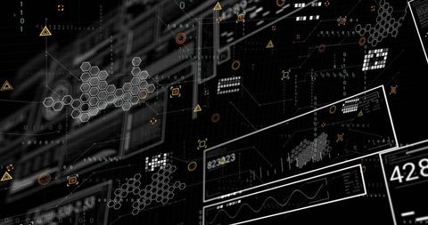 Futuristic Digital Interface with Hexagon Cluster and Binary Streams