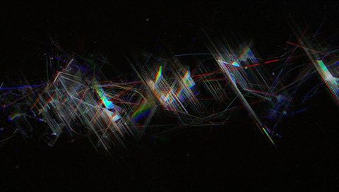 Prismatic glitch lattice crossing dark void with neon light streaks and starburst flares