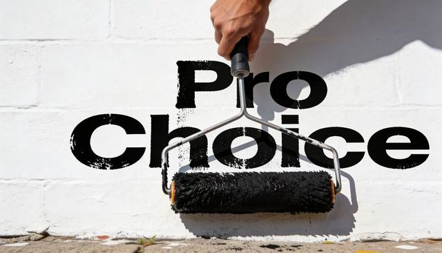 Hand painting over pro choice slogan with black roller on white brick wall protest concept