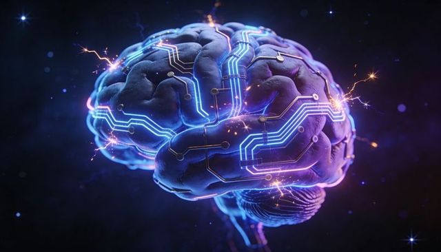 Neon Neural Interface Showing Circuitry Paths and Electric Sparks on Brain Model