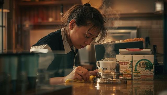 Barista wiping counter next to steaming pour-over cup, leaning over dripper in warm light
