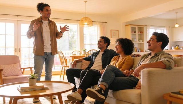 Young man speaking to friends during cozy sunlit living room gathering, laughing and engaged