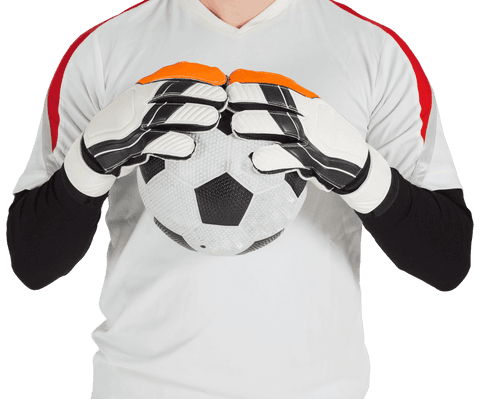 Transparent goalkeeper holding soccer ball firmly with gloves