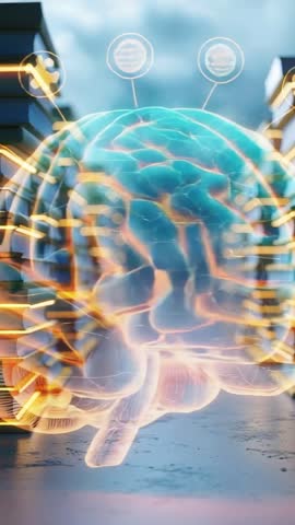 Holographic Brain Pulsing Neural Pathways Rotating Down Futuristic Corridor Vertical Video