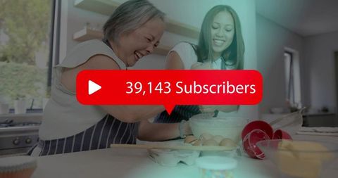 Mother and daughter baking together in bright kitchen with social media subscribers overlay