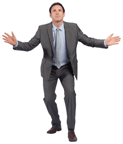 Transparent businessman standing with anxious expression holding arms out