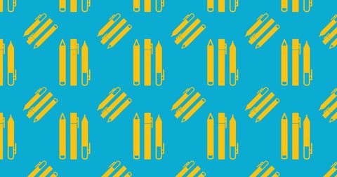 Yellow pens and pencils pattern over blue background