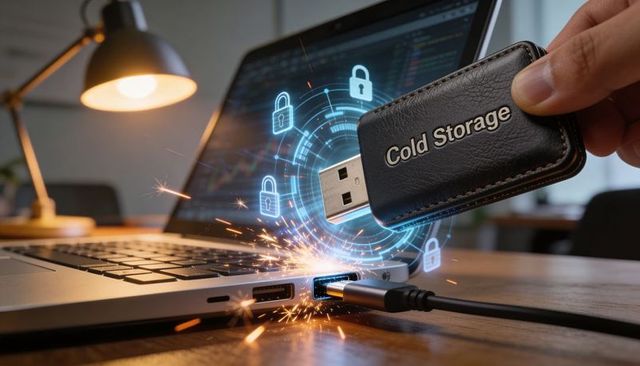 Cold storage usb wallet inserting into laptop port with holographic cybersecurity lock icon