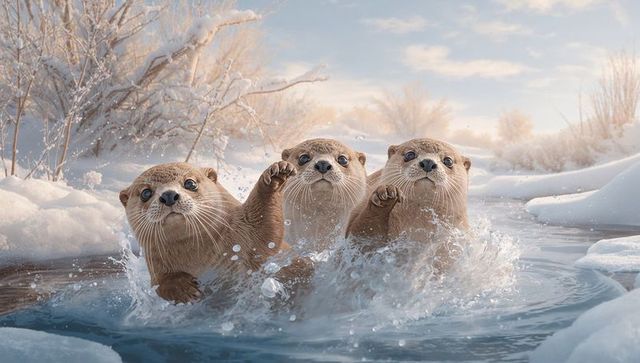 Three river otters charging through icy stream, splashes against snowy riverbanks