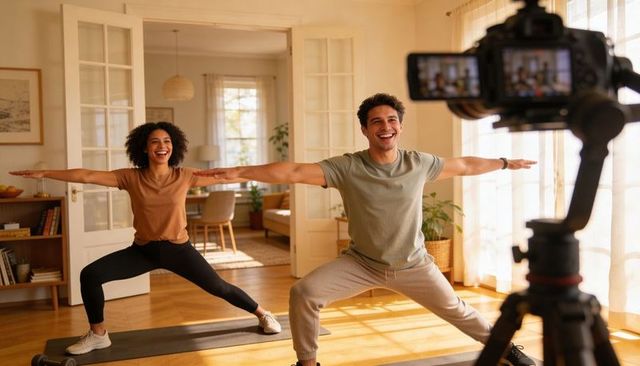 Couple performing wide squat home workout while tripod camera filming sunlit living room