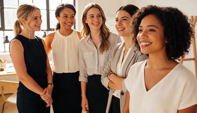 Diverse professional women collaborating and smiling in bright modern office, showcasing teamwork