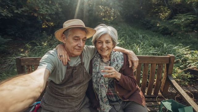 Senior couple embracing on garden bench, enjoying sunlit morning and quiet togetherness