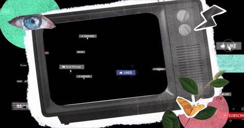 Digital collage of social media icons over vintage tv screen