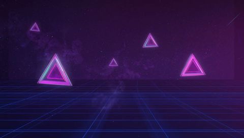 Neon triangle horizon retro wireframe grid | synthwave violet futuristic background