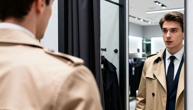 Man trying on beige trench coat in fitting-room mirror assessing tailored suit fit