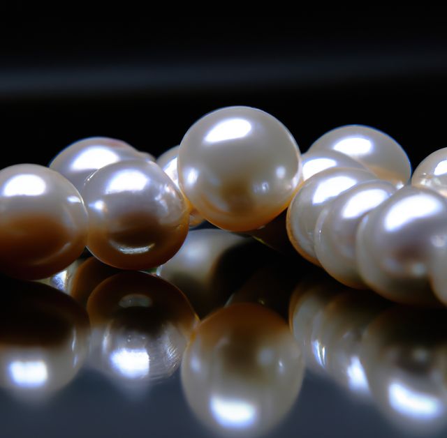 A close-up view of lustrous white pearls resting on a reflective black surface. Each pearl showcases a smooth surface with a glossy finish, highlighting their elegance and luxury. Ideal for marketing campaigns related to luxury jewelry, fashion accessories, or high-end beauty products. Useful for advertising fine jewelry, evoking a sense of opulence and classic beauty. Suitable for use in catalogs, online shops, or promotional materials for premium wristlet lines.
