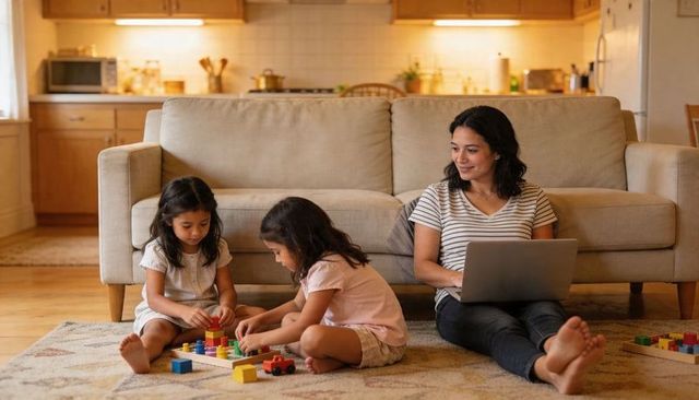 Work-from-home mother supervising children playing with blocks while working on laptop