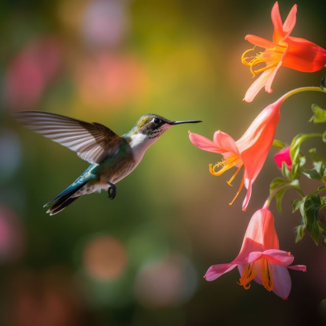 Hummingbird hovering by pink flower in sunlight, created using generative ai technology. Beauty in nature, wildlife, agility and feeding concept digitally generated image.