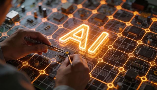 Hands placing ai microchip on pcb with glowing circuitry grid, precision electronics