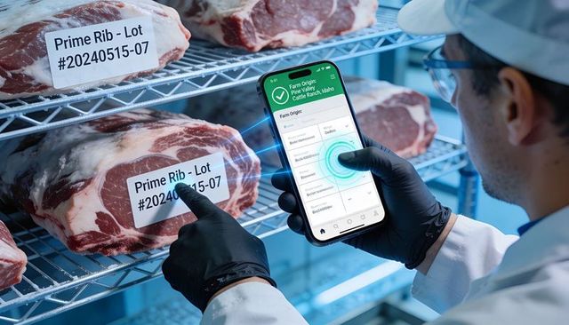 Food safety inspector scanning prime rib lot labels in cold storage for traceability with smartphone