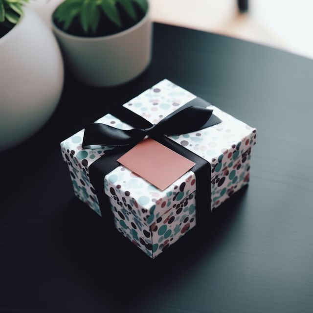 Gift box with black ribbon and pink note on black table. Vibrant polka dot wrapping paper adds a festive touch. Ideal for celebrations like birthdays or holidays. Perfect for marketing gift-related products and online stores.