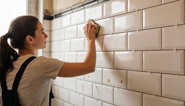 Woman wiping white subway tiles during bathroom renovation cleaning grout and plaster