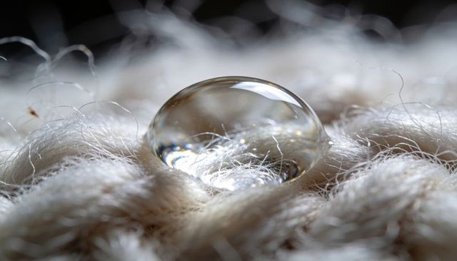 Macro water droplet resting on cream wool yarn revealing fiber texture and soft bokeh