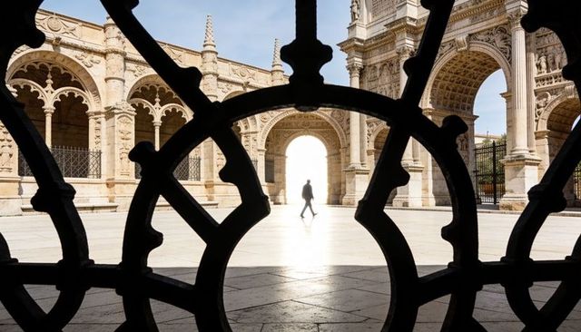 Silhouette walking through sunlit stone archway framed by ornate iron grille