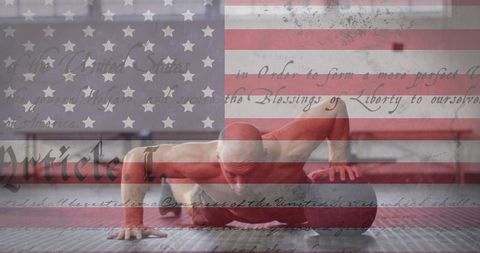 American Soldier Exercising Overlaid with US Flag and Constitution