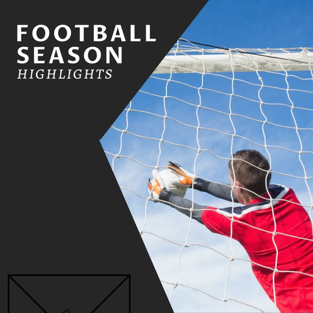 Square image of football season highlights and caucasian male goalkeeper. Football, sport, competition and training concept.