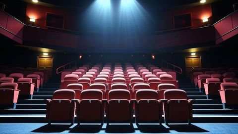 Empty theater with red seats and spotlight ambience