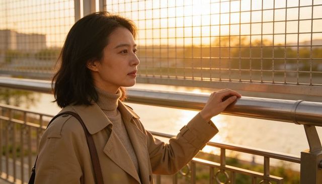 Contemplative woman leaning on riverside bridge railing at golden hour wearing trench coat