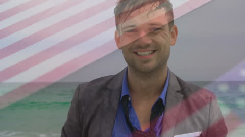 Smiling Businessman at Beach with American Flag Overlay