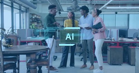 Diverse Team Brainstorming with AI Overlay in Modern Open Office